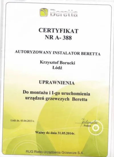 <p>Certyfikat uprawniający do montazu i I-go uruchomienia urządzeń grzewczych Beretta</p>