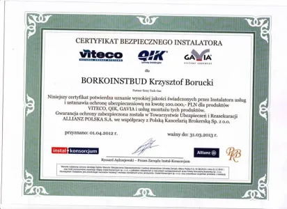 <p>Certyfikat potwierdzający wysoką jakość świadczonych usług instalatorskich</p>